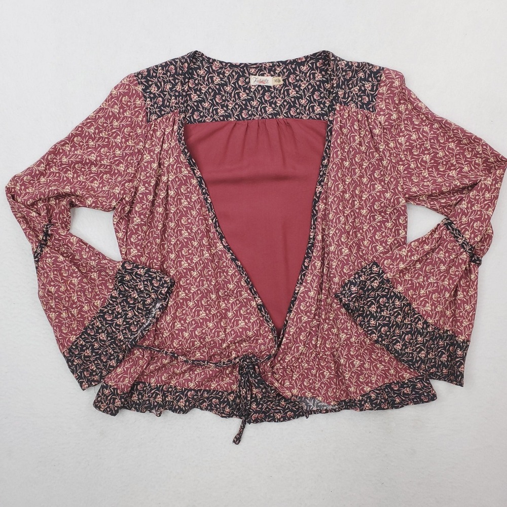 Faherty Blouse Womens XS Red Floral Ophelia Wrap Top Bell Sleeve Tie Waist Boho
